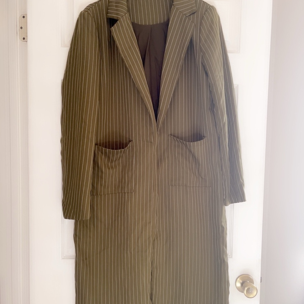 Olive Pinstripe Women's Trench Coat - Picture 1 of 6